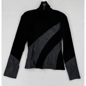 Cache Vintage Womens Black Knit Ribbed Leather Accents Turtleneck Top Sz S